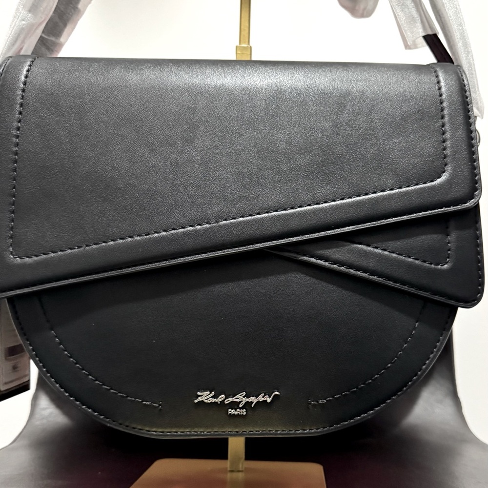 Karl Lagerfeld Paris Black Leather Deauville Shoulder Bag with unique details.